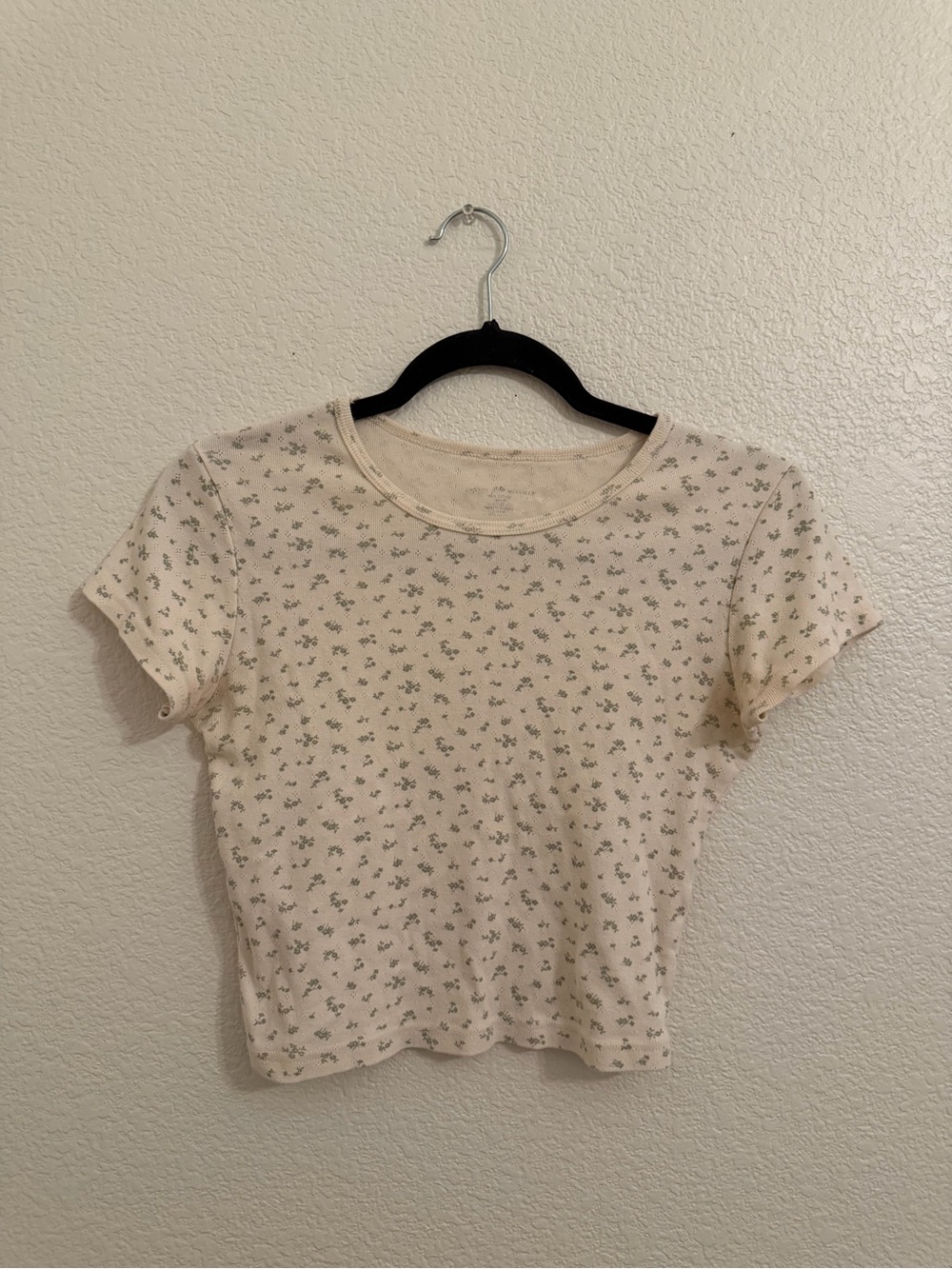 Brandy Melville Cream Short Sleeve Tee with Green Floral Print